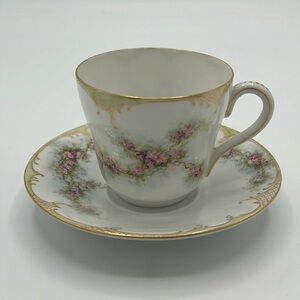 THEODORE HAVILAND EARLY 1900’s VINTAGE PINK PURPLE FLORAL TEA CUP AND SAUCER SET